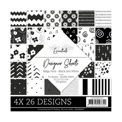 Card Deco – Designer Sheets Mega Pack Black & White paperilajitelma 15 x 15 cm