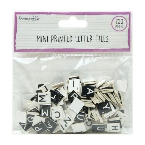Dovecraft – Mini Printed Letter Tiles Black & White Scrabble kartonkikuviot (200 kpl)