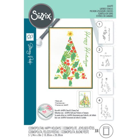 Sizzix Layered Stencils – Cosmopolitan Christmas, Happy Holidays sapluunat (4kpl)