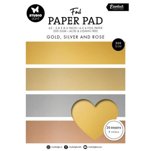 Studio Light Foil Paper Pad – Gold, Silver & Rose peilikartonki lajitelma A5 (24 kpl)