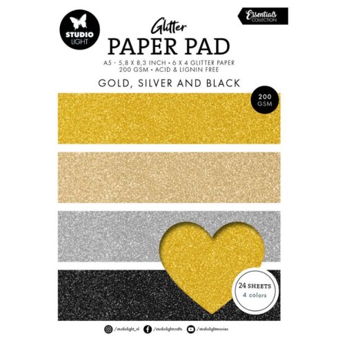 Studio Light Glitter Paper Pad – Gold, Silver & Black kartonkilajitelma